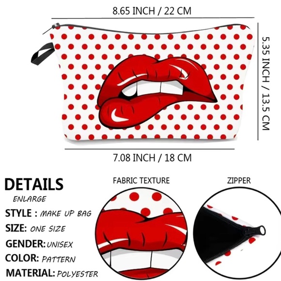 Red Lips Print Cosmetics Zipper Pouch- New - Picture 8 of 9